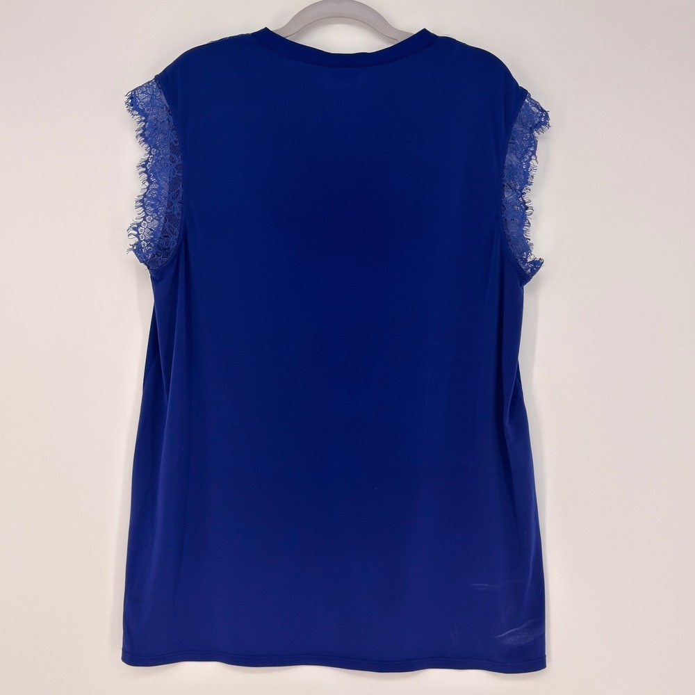 Worthington Blouse Women Large Royal Blue Lace Trim V-Neck Mixed Media Office - Picture 3 of 8